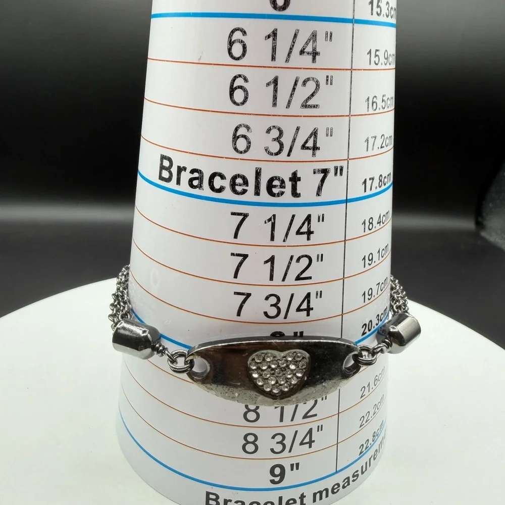 Rhinestone Heart Silver Tone Multi Strand Chain Bracelet Romantic Y2K Love Gift